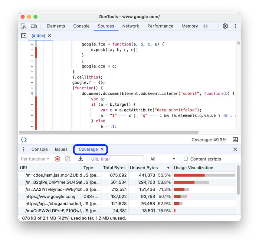 seção coverage do Dev Tools - Google Chrome