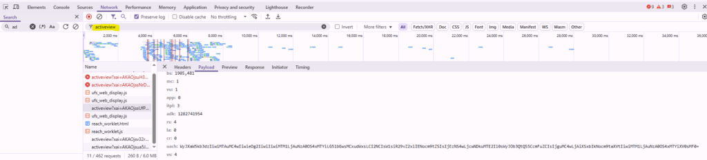 Imagem do developer tools filtrando por activeview