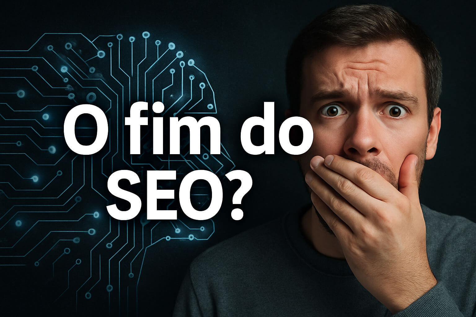 A frase "o fim do SEO?" aparece junto a elementos que lembram Inteligência Artificial e um homem que aparenta preocupação.